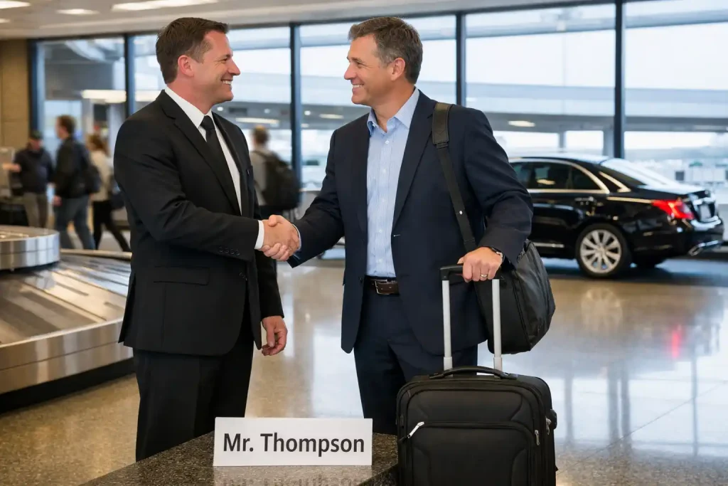 Professional Seattle town car chauffeur helping passenger with luggage at SeaTac Airport meet and greet service