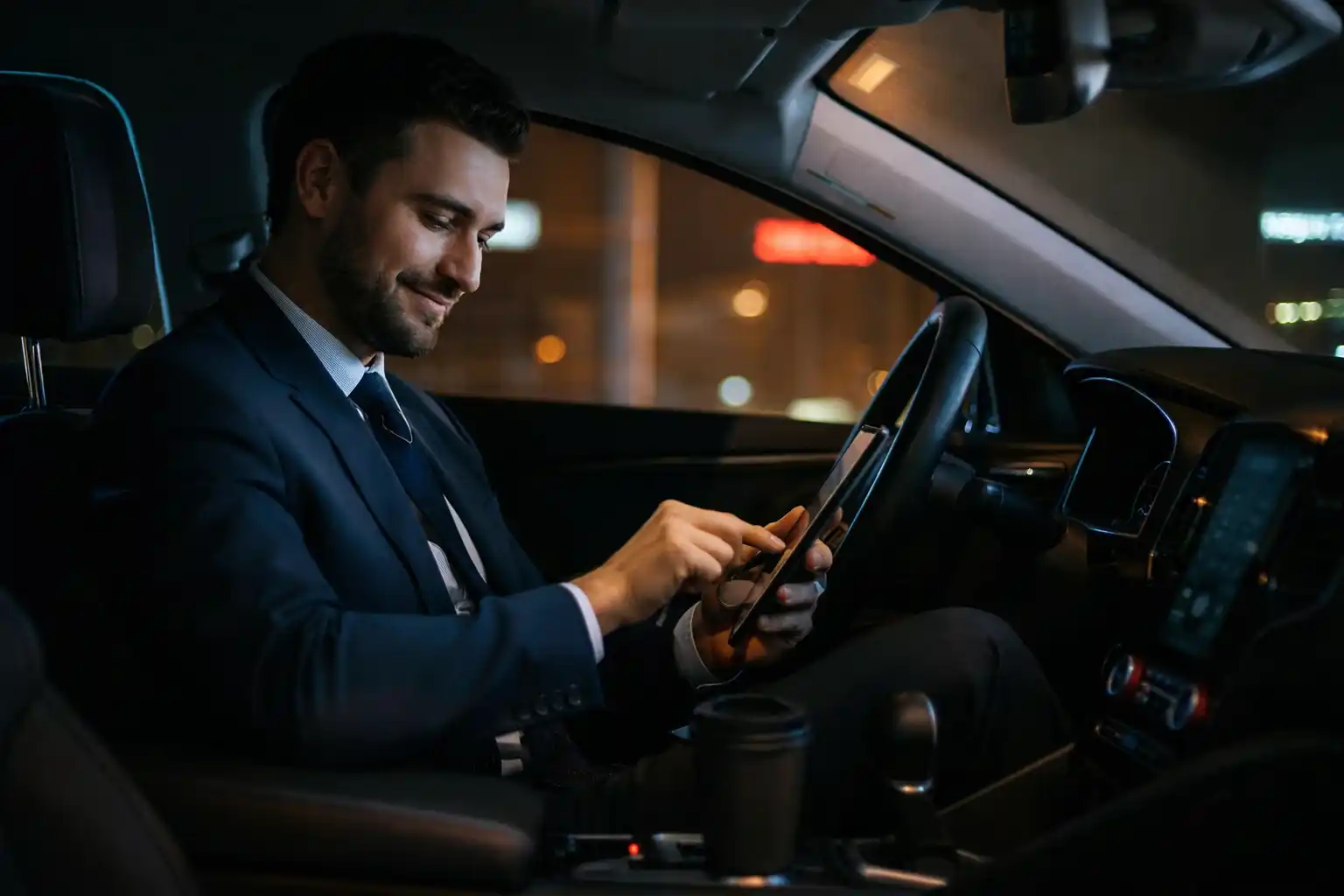 Professional town car driver monitoring flight arrival times on tablet at SeaTac Airport baggage claim area