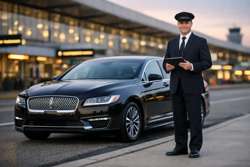 Professional chauffeur standing next to luxury town car for Seattle airport transportation