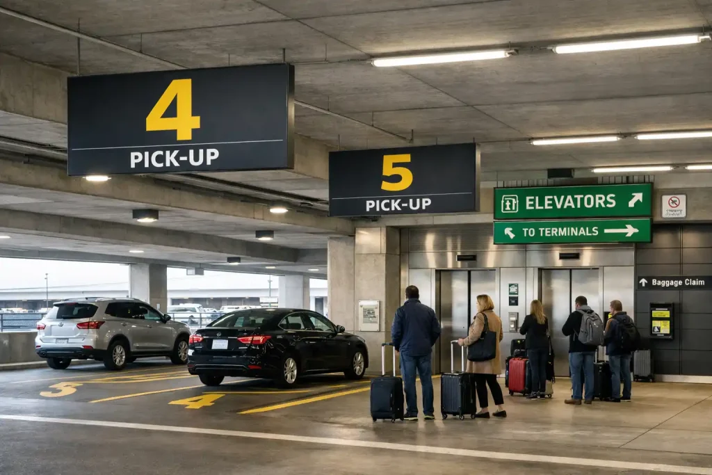 SeaTac rideshare pickup in parking garage Level 3 — stall numbers and meetup point