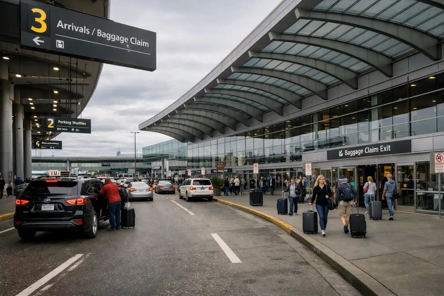 SeaTac Airport arrivals level pickup zone with cars and passengers