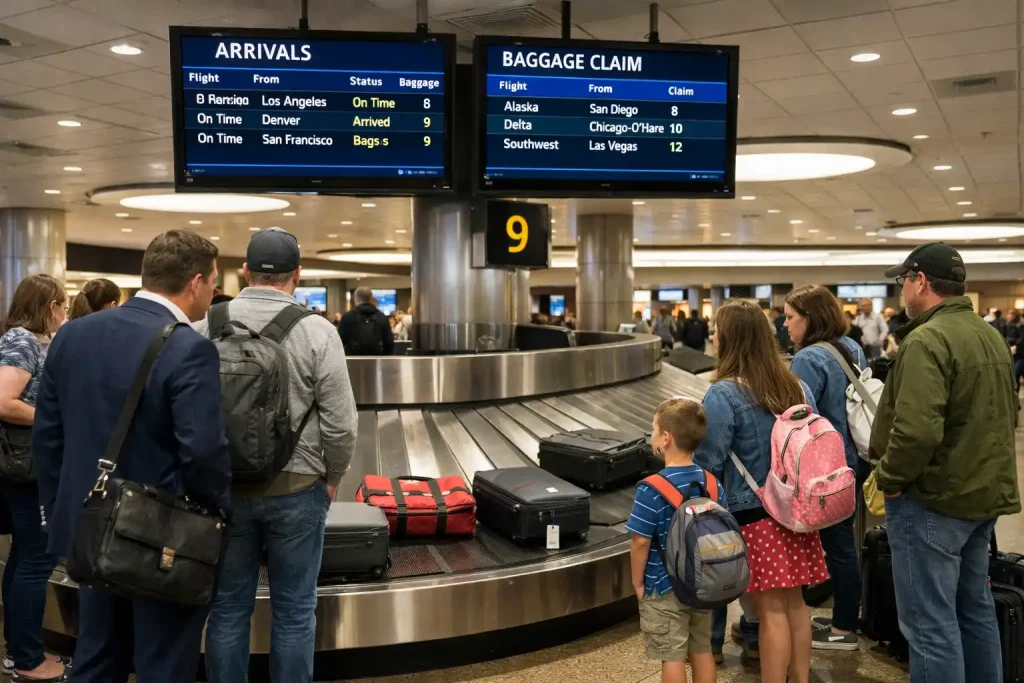 SeaTac Airport baggage claim carousel with passengers waiting for luggage