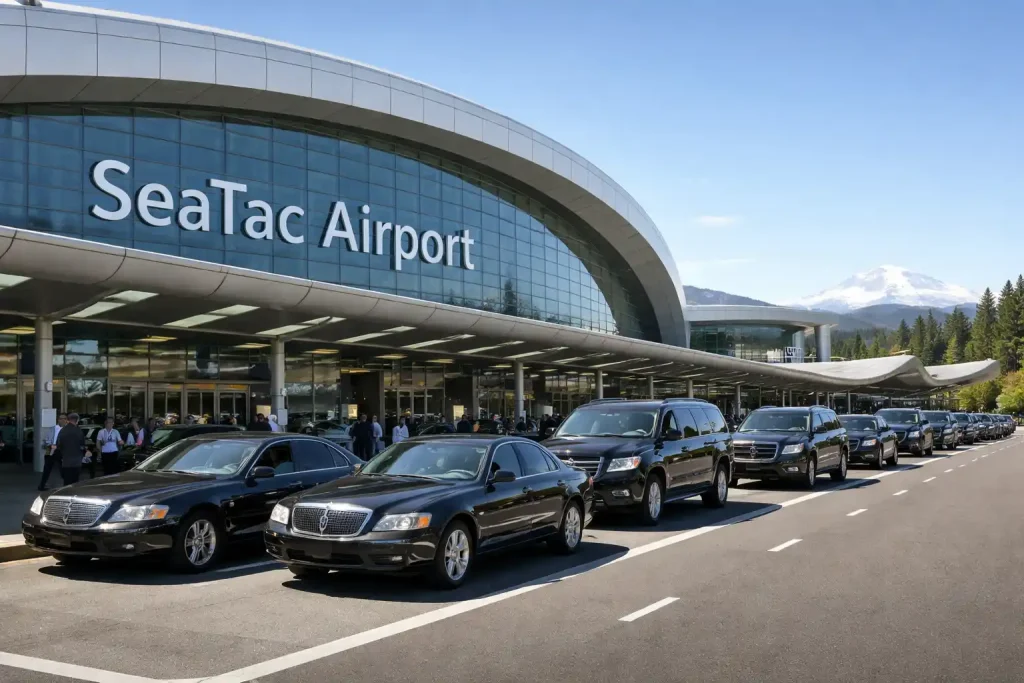 SeaTac International Airport main terminal entrance with professional transportation service