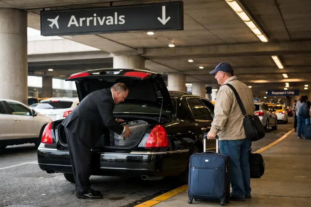 SeaTac arrivals curb with passengers loading luggage into vehicles