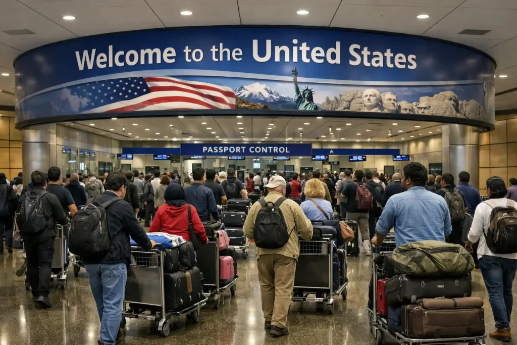SeaTac Airport international arrivals customs area with travelers
