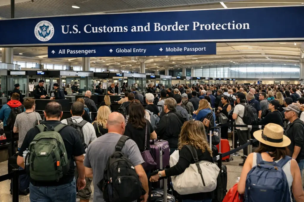 Busy international arrivals customs line at SeaTac Airport with passengers waiting during peak hours
