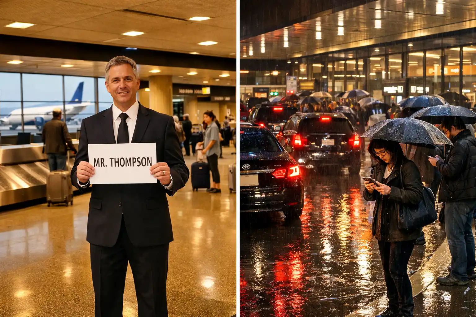Professional driver holding name sign at SeaTac Airport baggage claim for meet and greet service compared to curbside pickup
