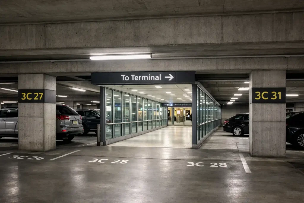 SeaTac Airport parking garage 3rd floor with covered walkway to terminal