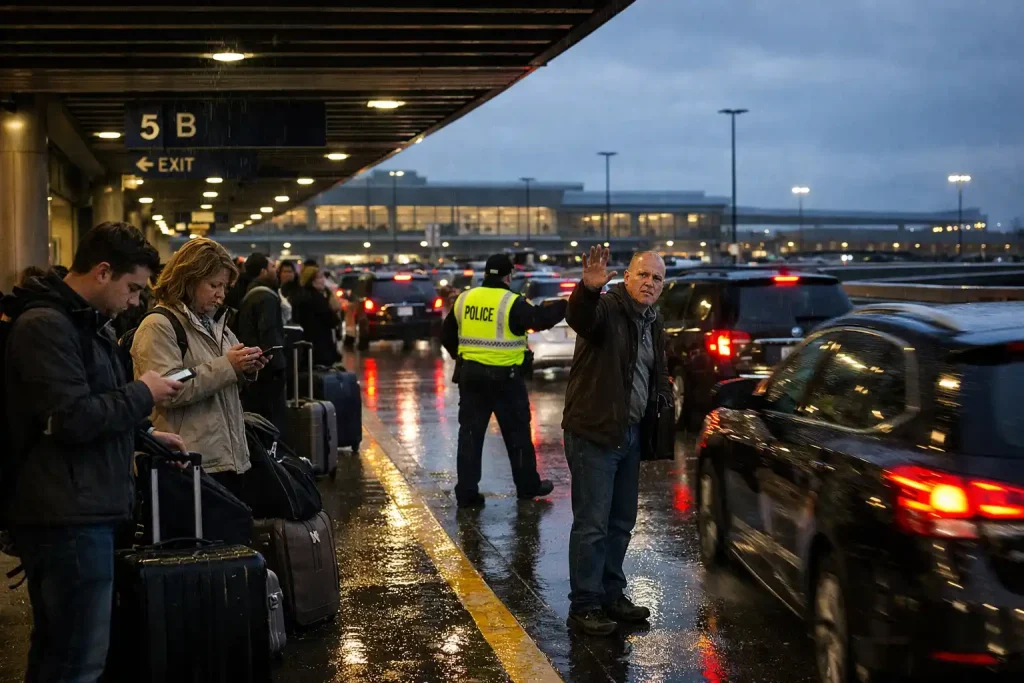 Crowded SeaTac Airport curbside pickup area showing multiple vehicles and travelers coordinating rides during rain