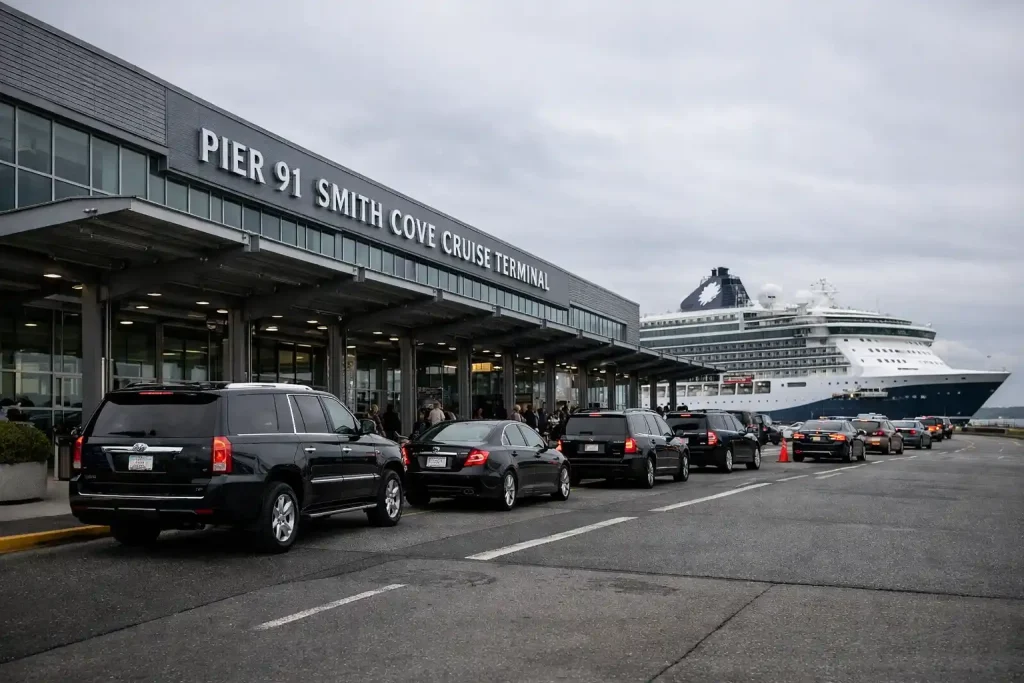 Seattle cruise terminal Pier 91 Smith Cove exterior with passenger drop-off lanes and event transportation vehicles