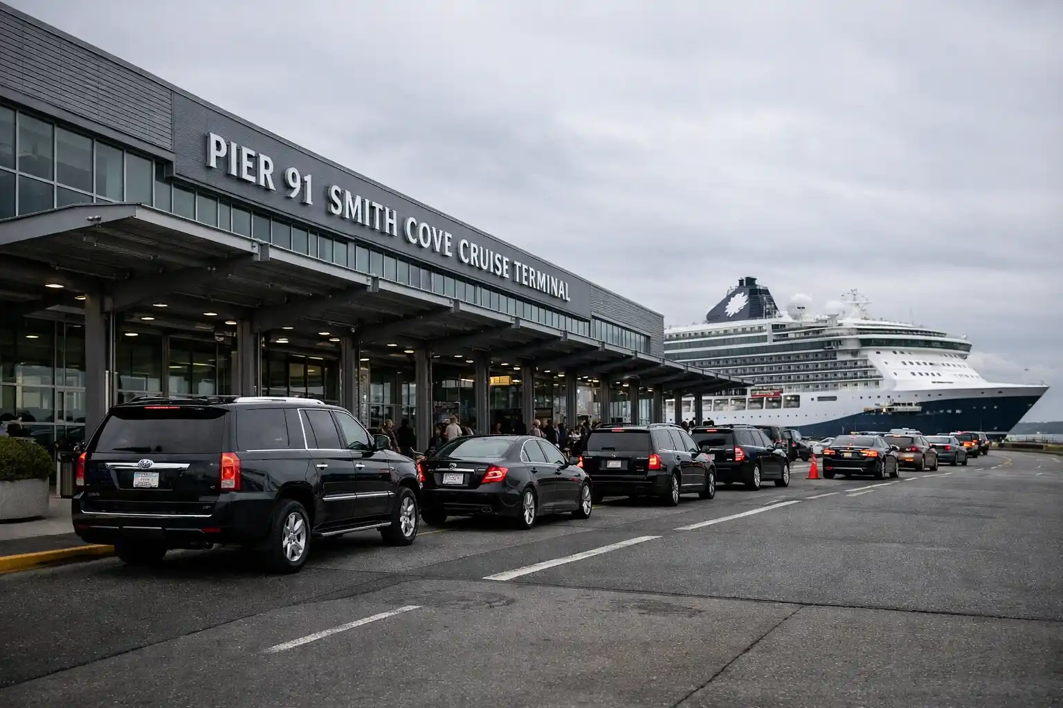 Seattle cruise terminal Pier 91 Smith Cove exterior with passenger drop-off lanes and event transportation vehicles