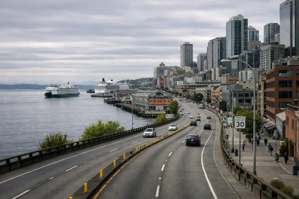 Seattle downtown waterfront Alaskan Way route to Pier 66 cruise terminal with Elliott Bay views