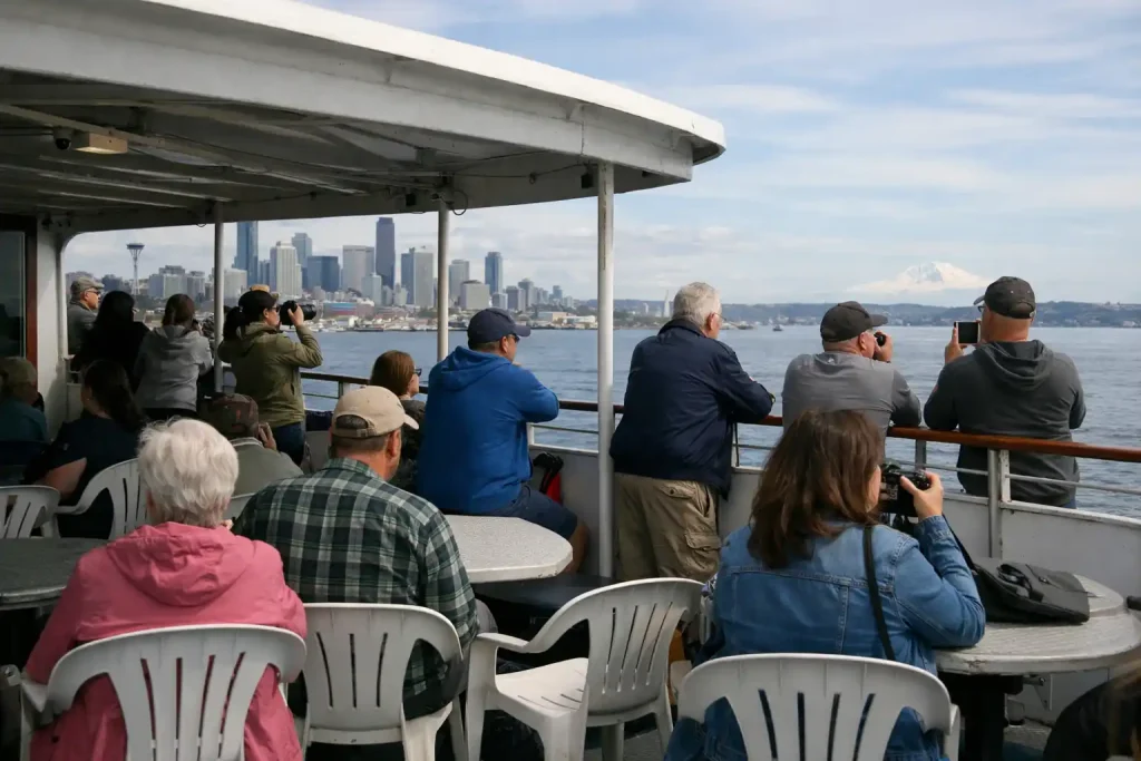 Passengers on Seattle harbor cruise deck with seating and views showing realistic onboard experience