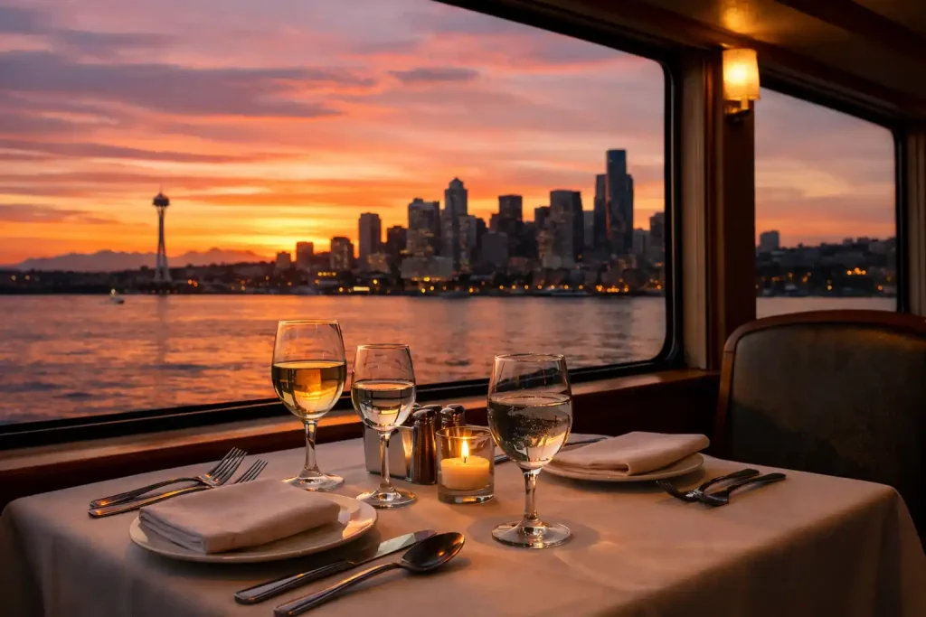 Window table on Seattle harbor dinner cruise at sunset with Elliott Bay view and table setting