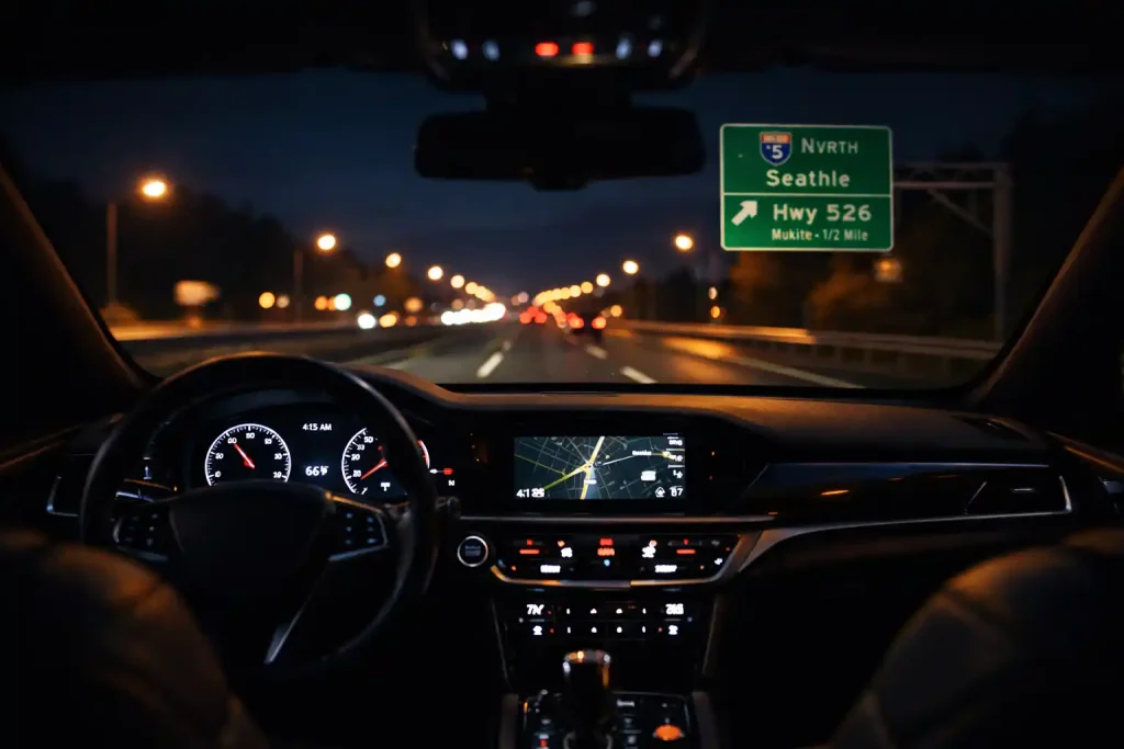 Car dashboard view driving north on I-5 toward Paine Field before sunrise