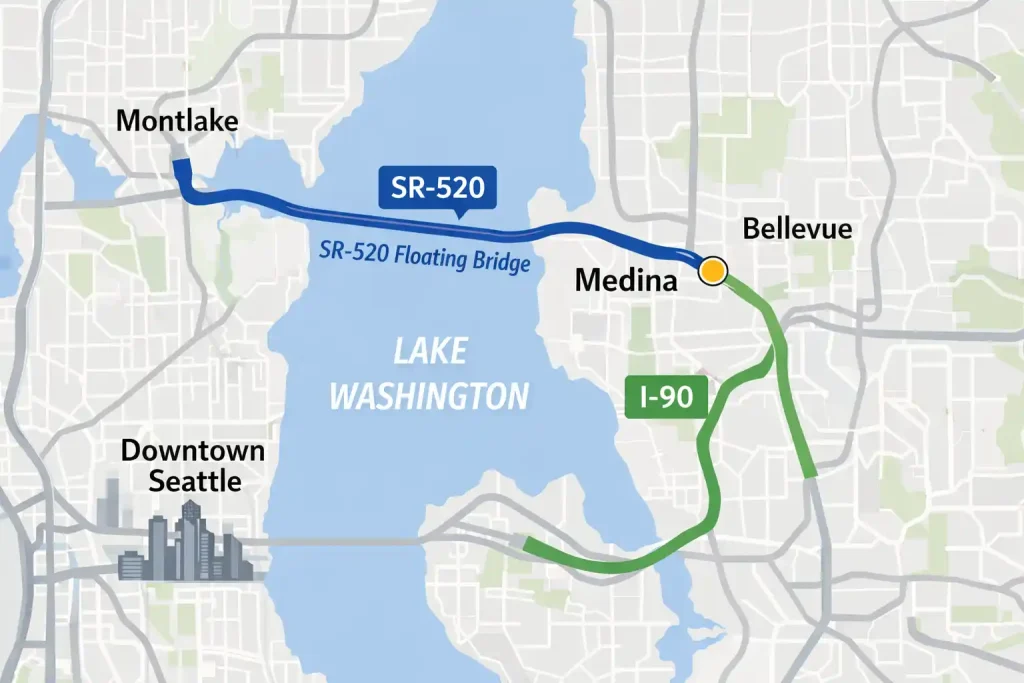 Route comparison map showing SR-520 and I-90 corridors from Medina to downtown Seattle