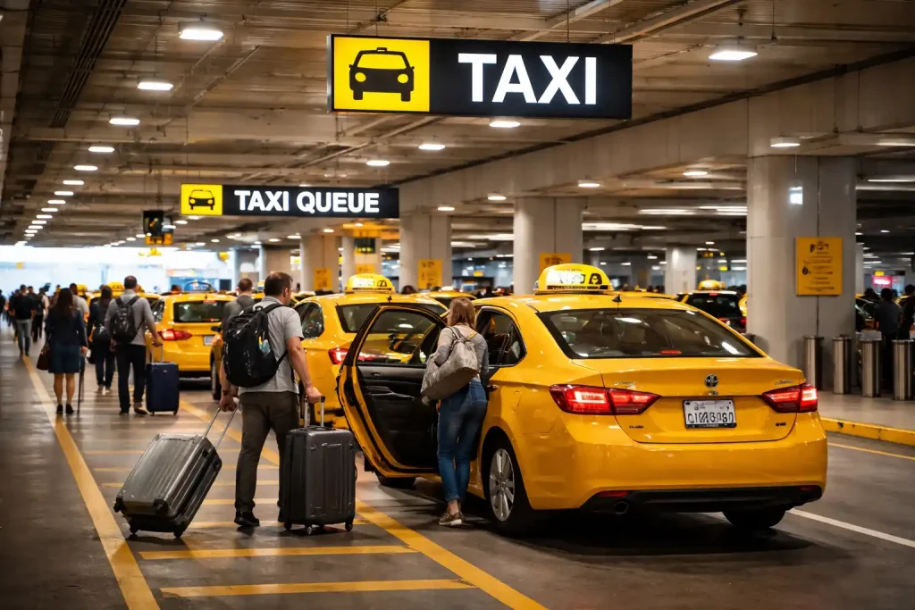 SeaTac taxi line at parking garage — simple no-app airport exit to downtown