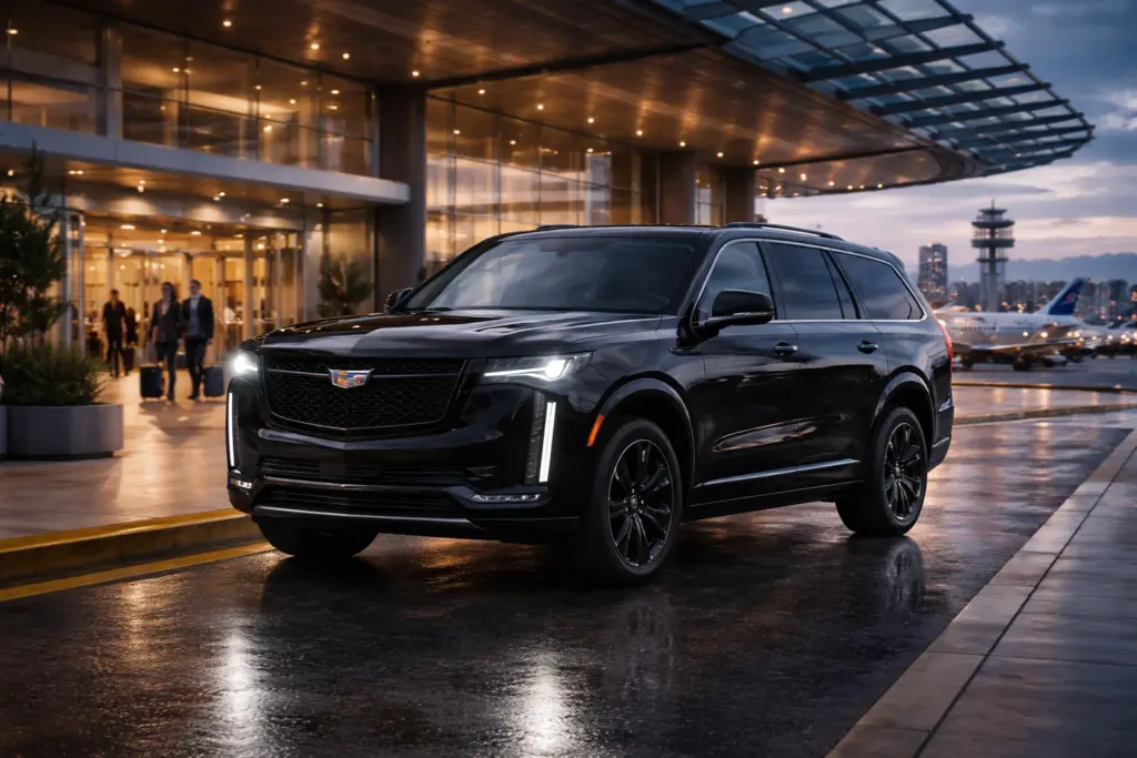 Black Cadillac Escalade arriving at Seattle Tacoma International Airport