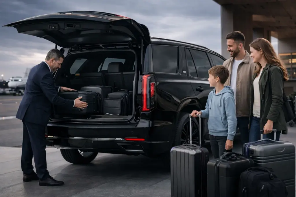 Family loading luggage into a Cadillac Escalade for SeaTac airport transfer