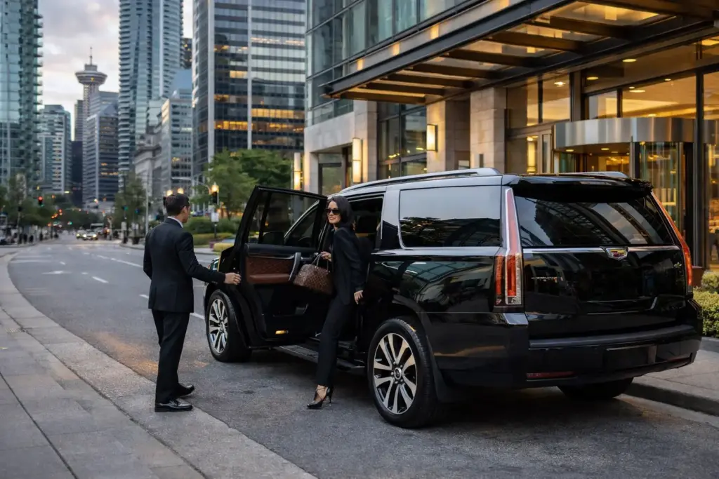 Luxury SUV arriving at a downtown Vancouver hotel from Seattle