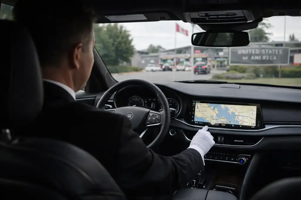 Chauffeur planning the best backup route near the US Canada border crossing