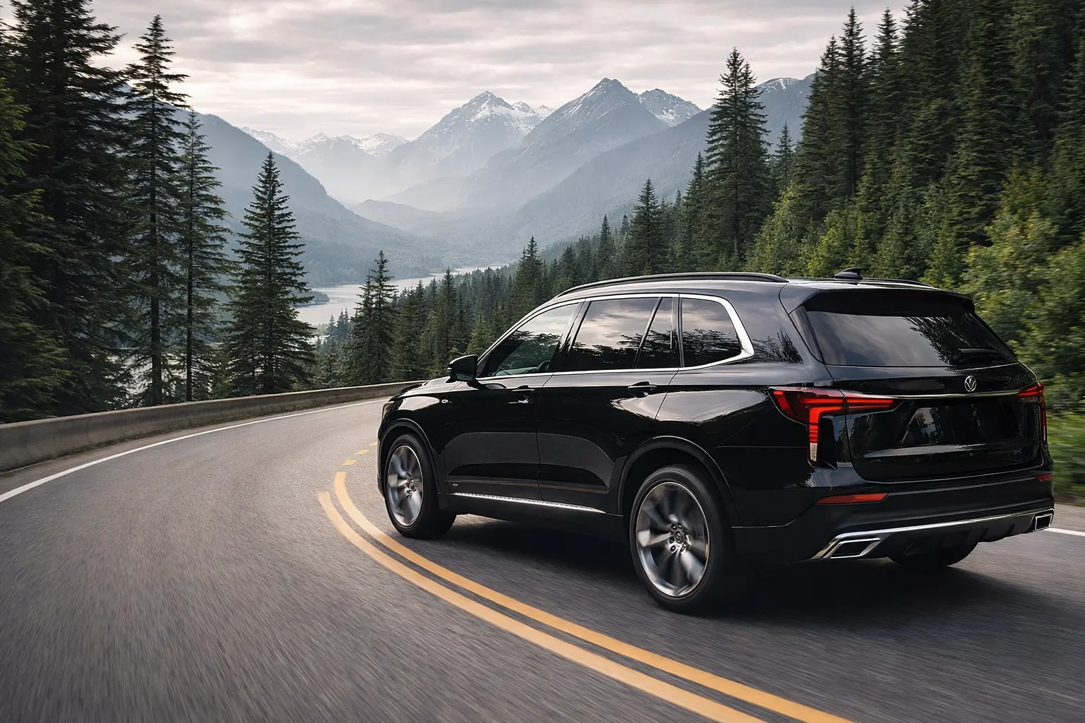 Luxury SUV driving north from Seattle toward Vancouver BC on a scenic highway