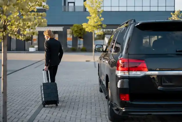 detailed curbside pickup scene in downtown Seattle with hotel entrance, airport shuttle van, business traveler and family boarding, wet pavement after light rain