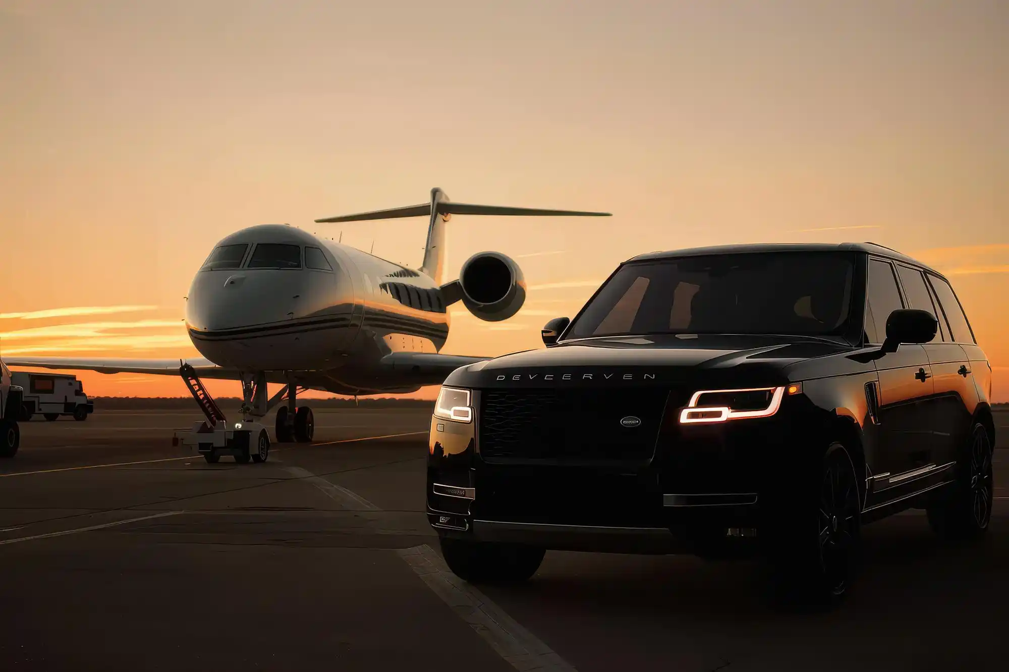 sleek black luxury SUV parked on an airport ramp beside a private jet at sunset in Seattle, with Mount Rainier faintly visible in the distance and a professionally dressed chauf...