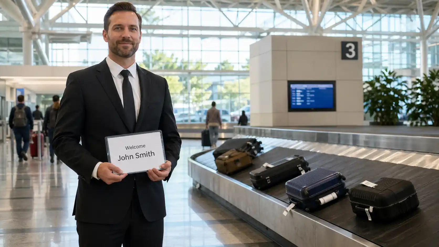 professional chauffeur in dark suit holding a name sign near Seattle-Tacoma International Airport baggage claim, rolling suitcases on carousel, bright terminal lighting, realist...