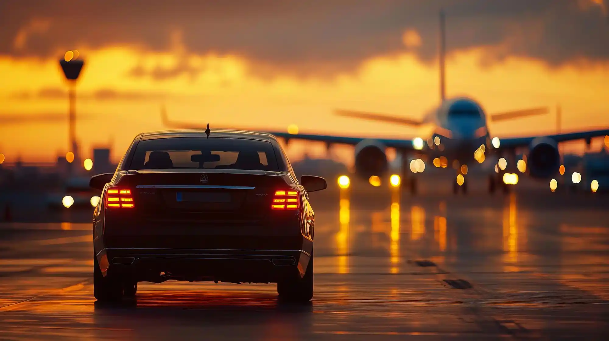 black luxury town car parked in designated airport pickup area at Seattle-Tacoma International Airport during evening, wet pavement reflecting terminal lights, upscale travel mood