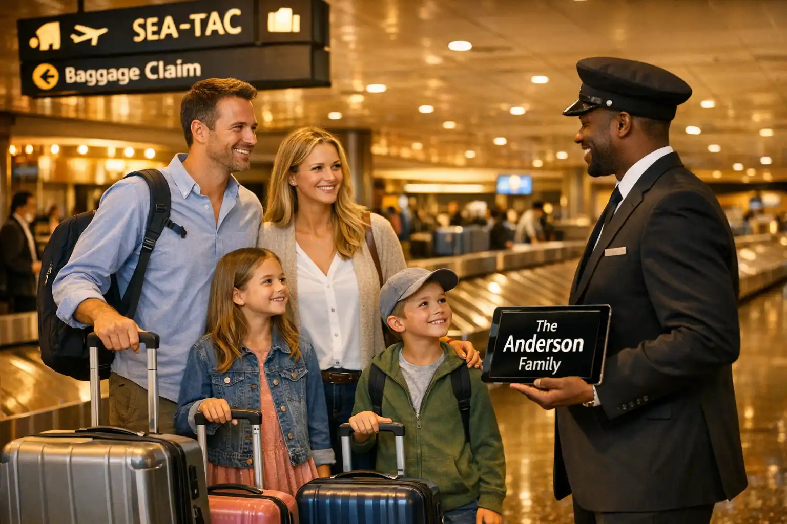 family of four with rolling luggage being greeted by chauffeur with tablet name display near SeaTac baggage claim, warm lighting, upscale travel scene