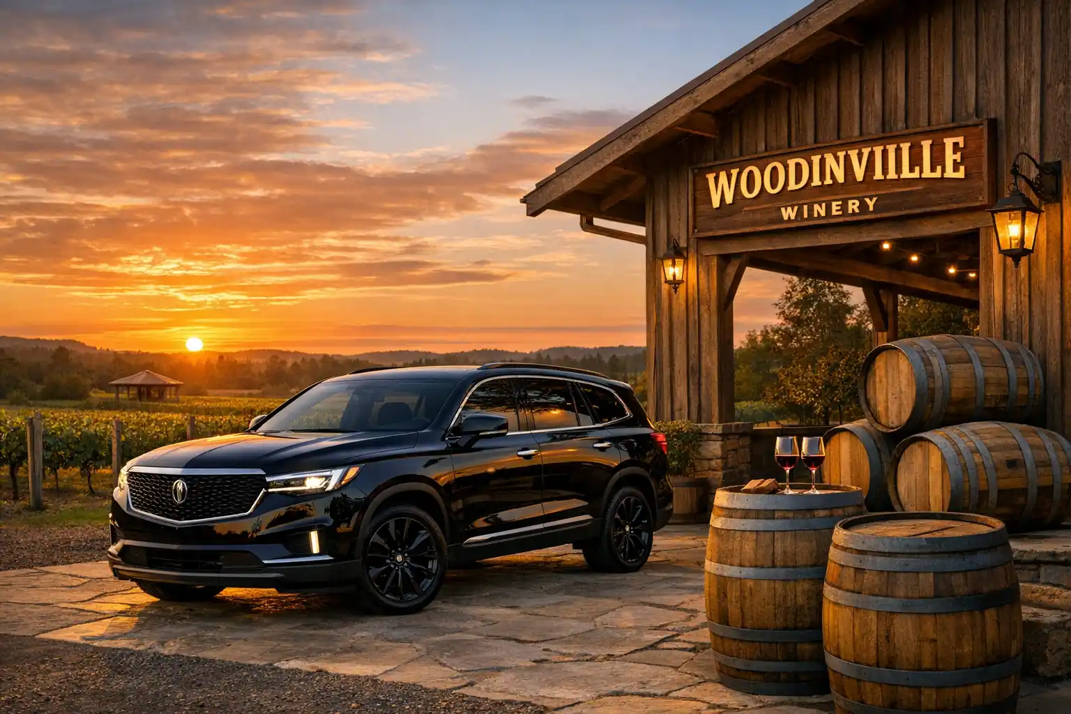 luxury black SUV parked outside a rustic Woodinville winery with vineyard views and wine barrels at sunset
