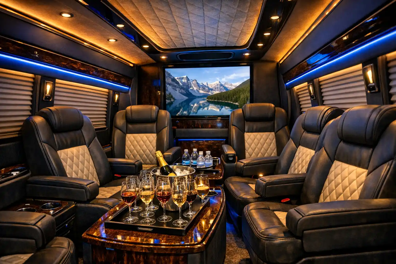 interior of luxury sprinter van with leather seats, ambient lighting, and wine glasses ready for a group tour