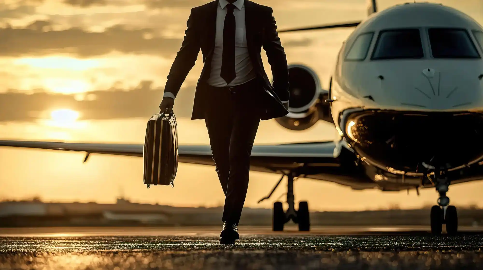 black luxury SUV parked on a private aviation ramp in Seattle at sunset, business traveler stepping off a sleek white jet, chauffeur holding a tablet near an FBO entrance with M...