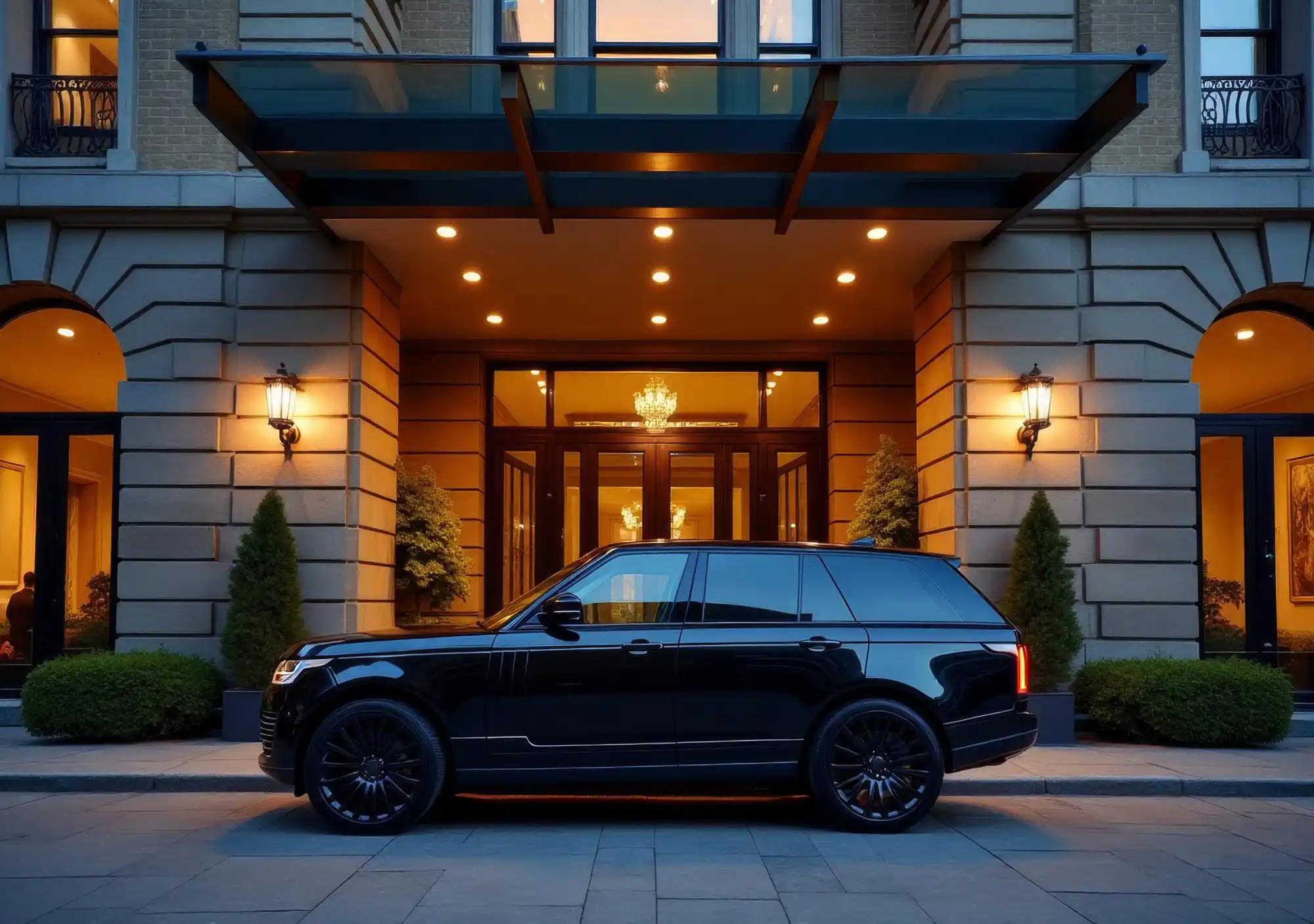 luxury black sedan and premium SUV parked side by side outside a high-end Seattle hotel entrance, bell staff handling luggage, rainy evening reflections on pavement