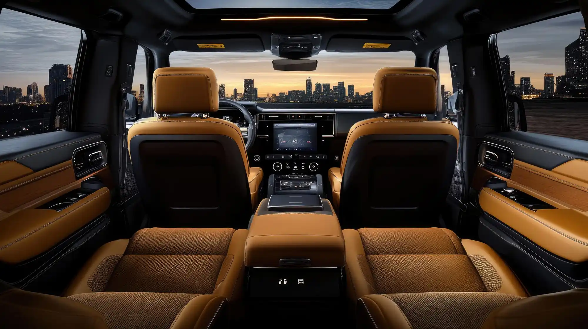 interior of a luxury SUV with tan leather seats, panoramic mountain views through the windows, winter luggage and travel blankets arranged for a road trip to Leavenworth