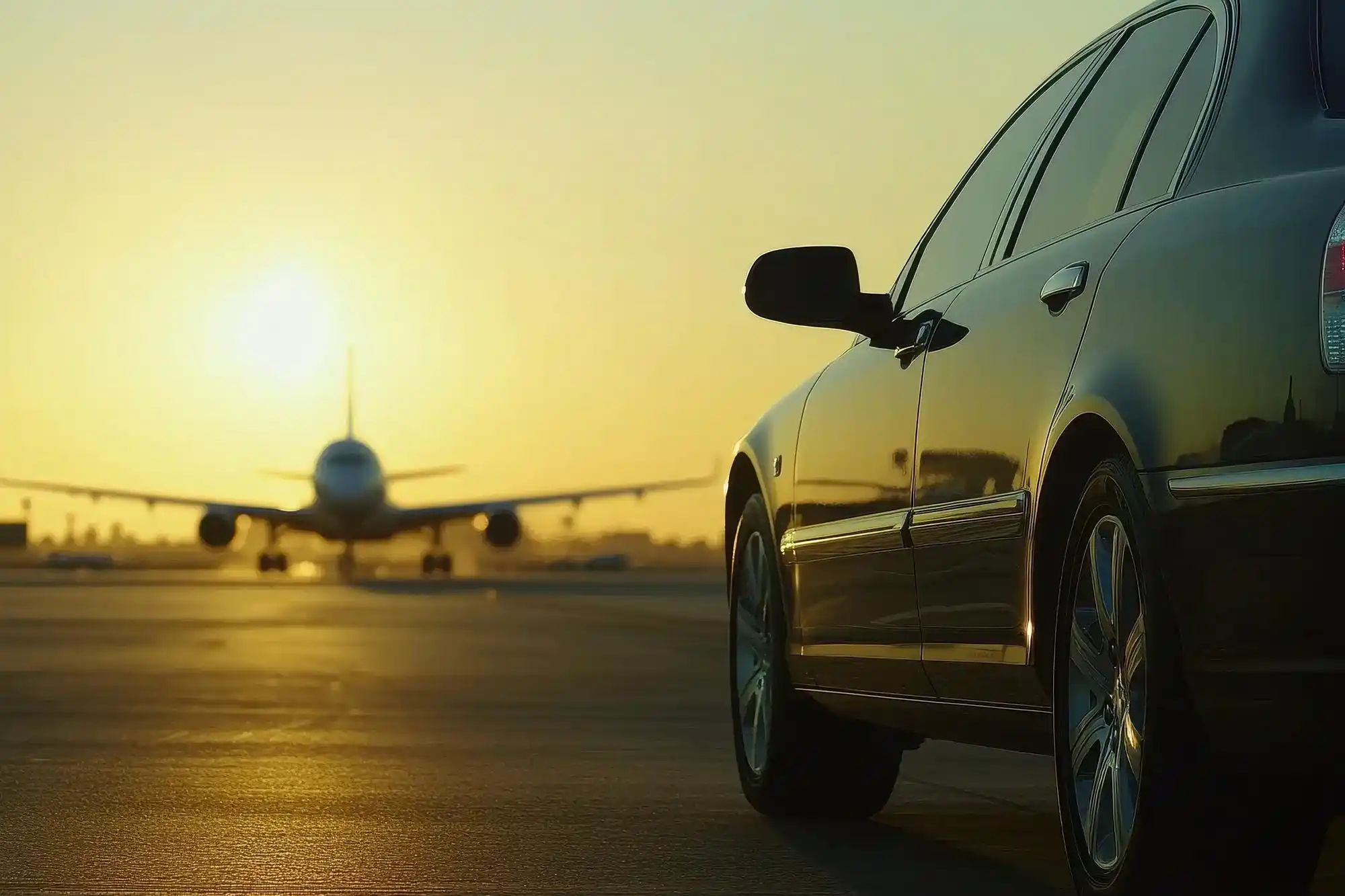 black luxury SUV parked curbside outside Seattle-Tacoma International Airport at sunrise, chauffeur loading suitcases, travelers in smart casual clothing preparing for cross-bor...