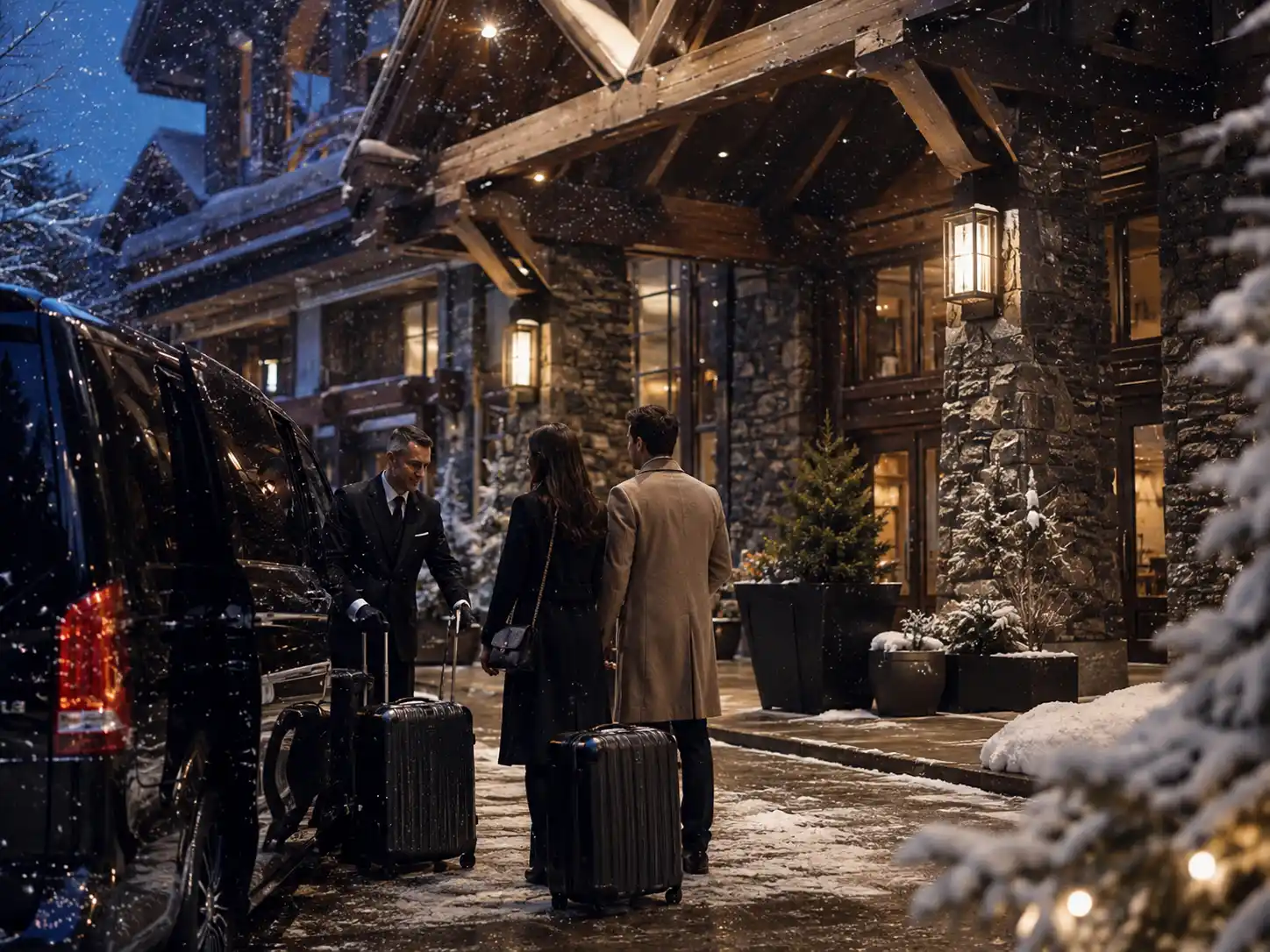 elegant Whistler village hotel entrance at dusk, private chauffeur assisting guests with luggage beside a luxury van, snow falling softly under warm lights