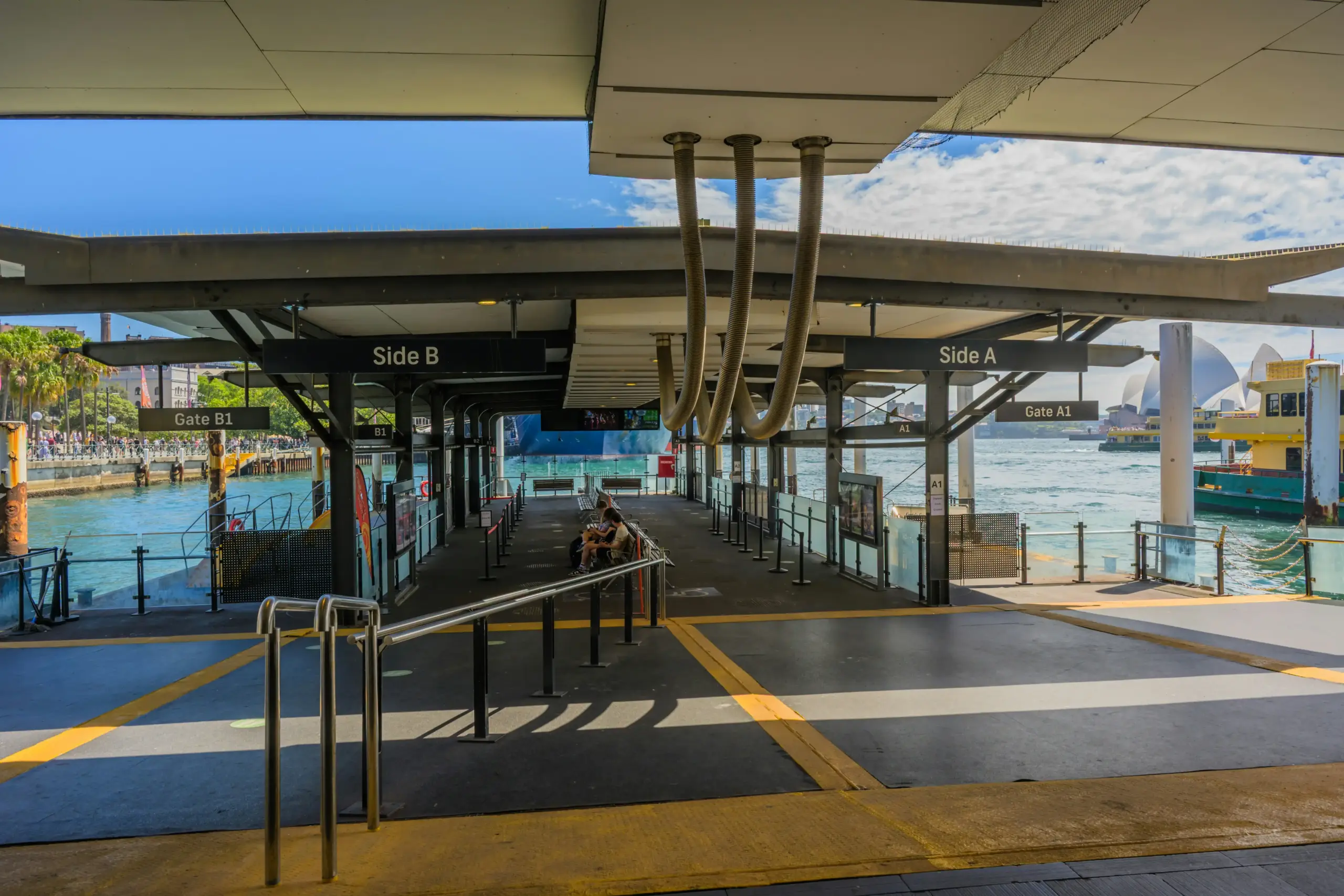 split-scene comparison of shuttle van, rideshare sedan, rental car counter, and luxury chauffeur vehicle, all labeled by travel style in a realistic airport-to-ferry context
