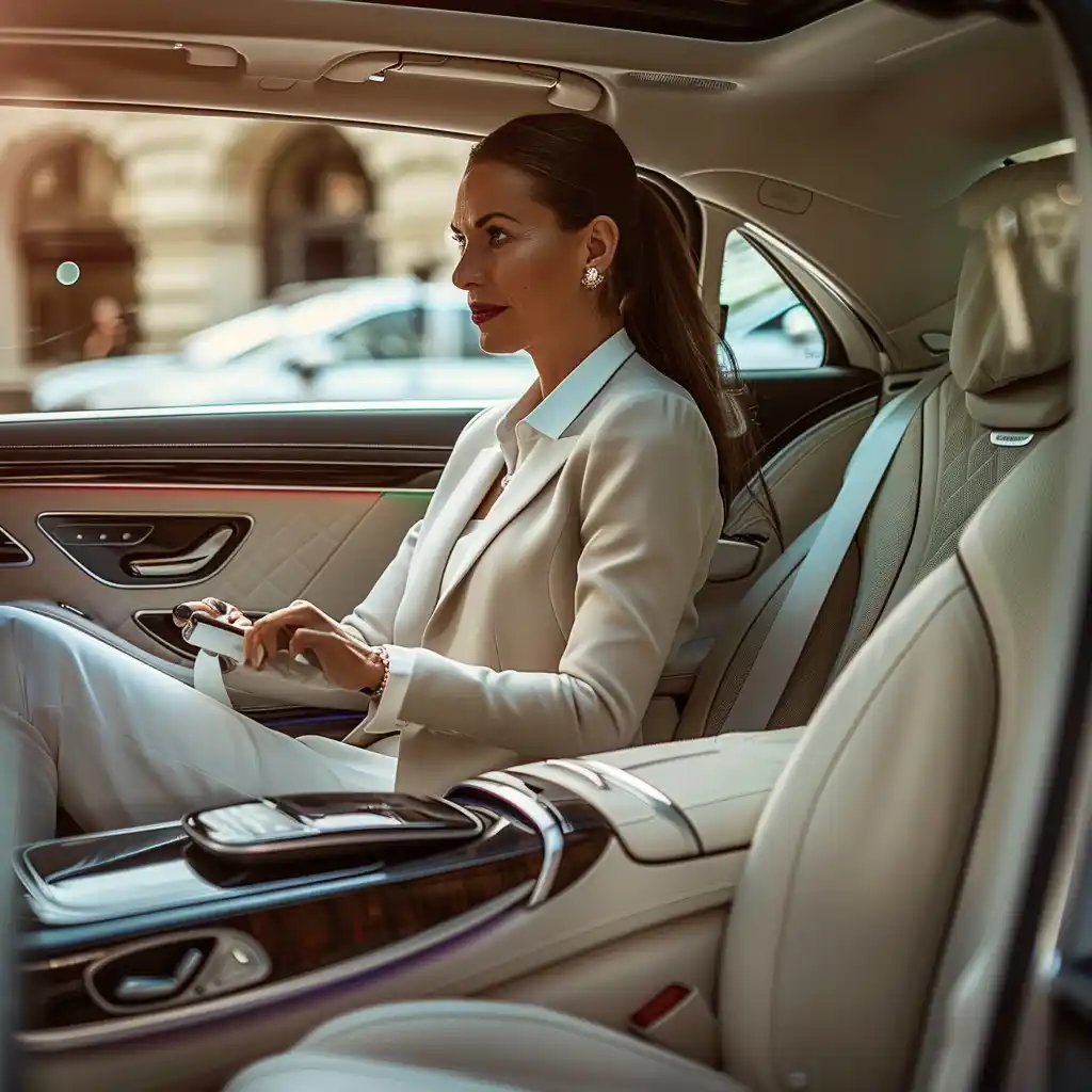 black Cadillac Escalade parked curbside in downtown Seattle at golden hour, skyline reflections on glossy paint, professional chauffeur opening rear passenger door, luxury urban...