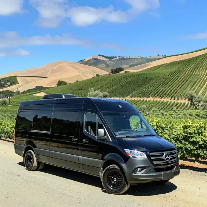 black luxury passenger van parked outside an elegant Woodinville winery at golden hour, vineyard rows in the background, guests dressed for a wine tasting stepping out with smiles