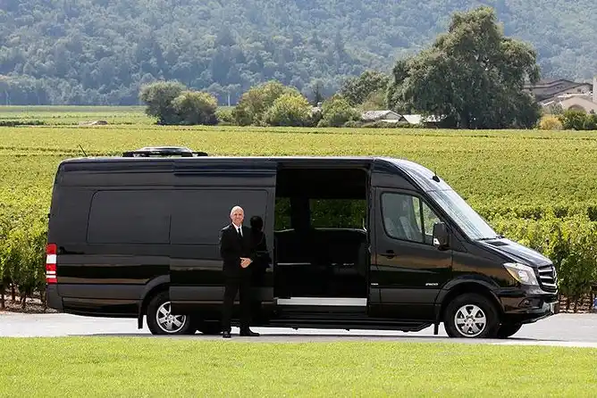 group of six friends inside a clean executive van with captain seats, large windows, wine country scenery outside, soft daylight and upscale interior details