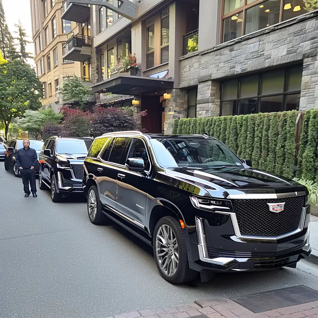 black luxury SUV curbside at Anacortes Ferry Terminal with passengers loading luggage on an overcast Pacific Northwest day, ferry dock and terminal signage visible