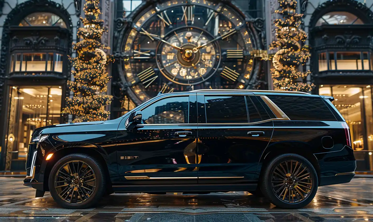 black luxury SUV curbside at Seattle-Tacoma International Airport on a rainy day, passengers loading suitcases, skyline and evergreen trees in background