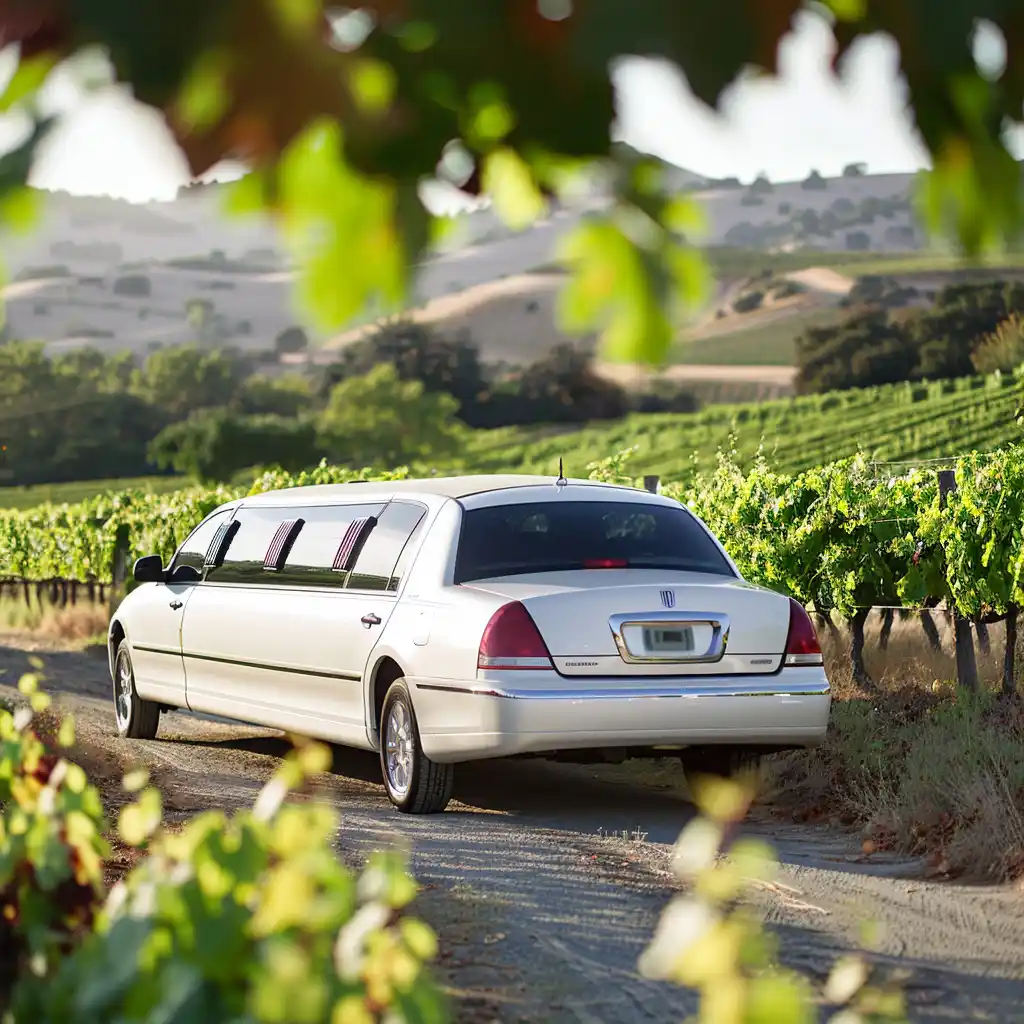 interior of a premium executive van with leather captain seats, bottled water, tinted windows, and vineyard views through the glass