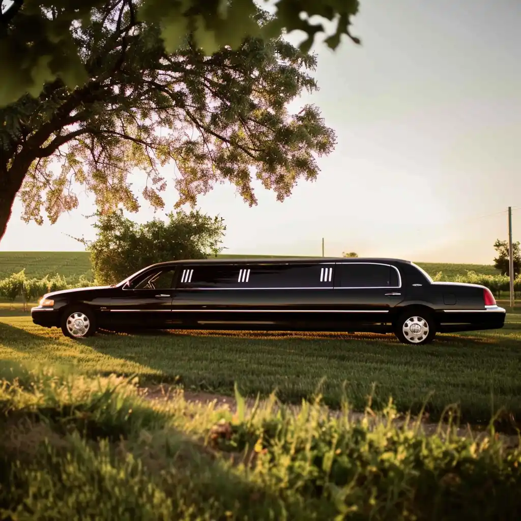 black luxury town car parked outside a modern Woodinville winery entrance with wine barrels, evergreen trees, and soft afternoon light